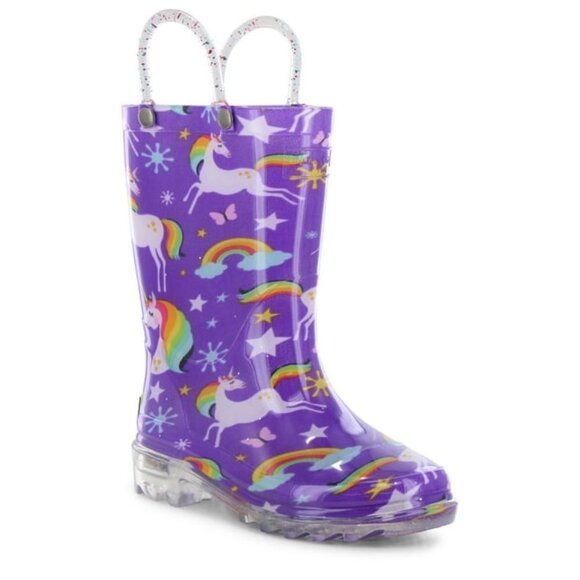 NEW Western Chief Kids Rainbow Unicorn Light UP! Rubber Rain Boot Waterproof - Picture 1 of 5